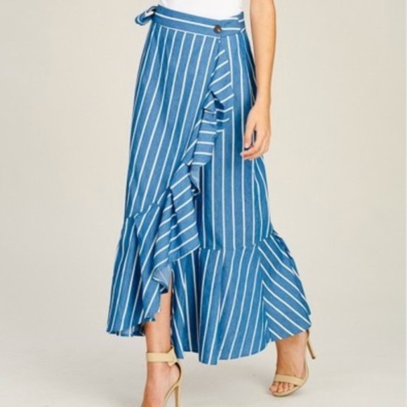 Dresses & Skirts - Ruffled Denim Wrap Striped Maxi Skirt
